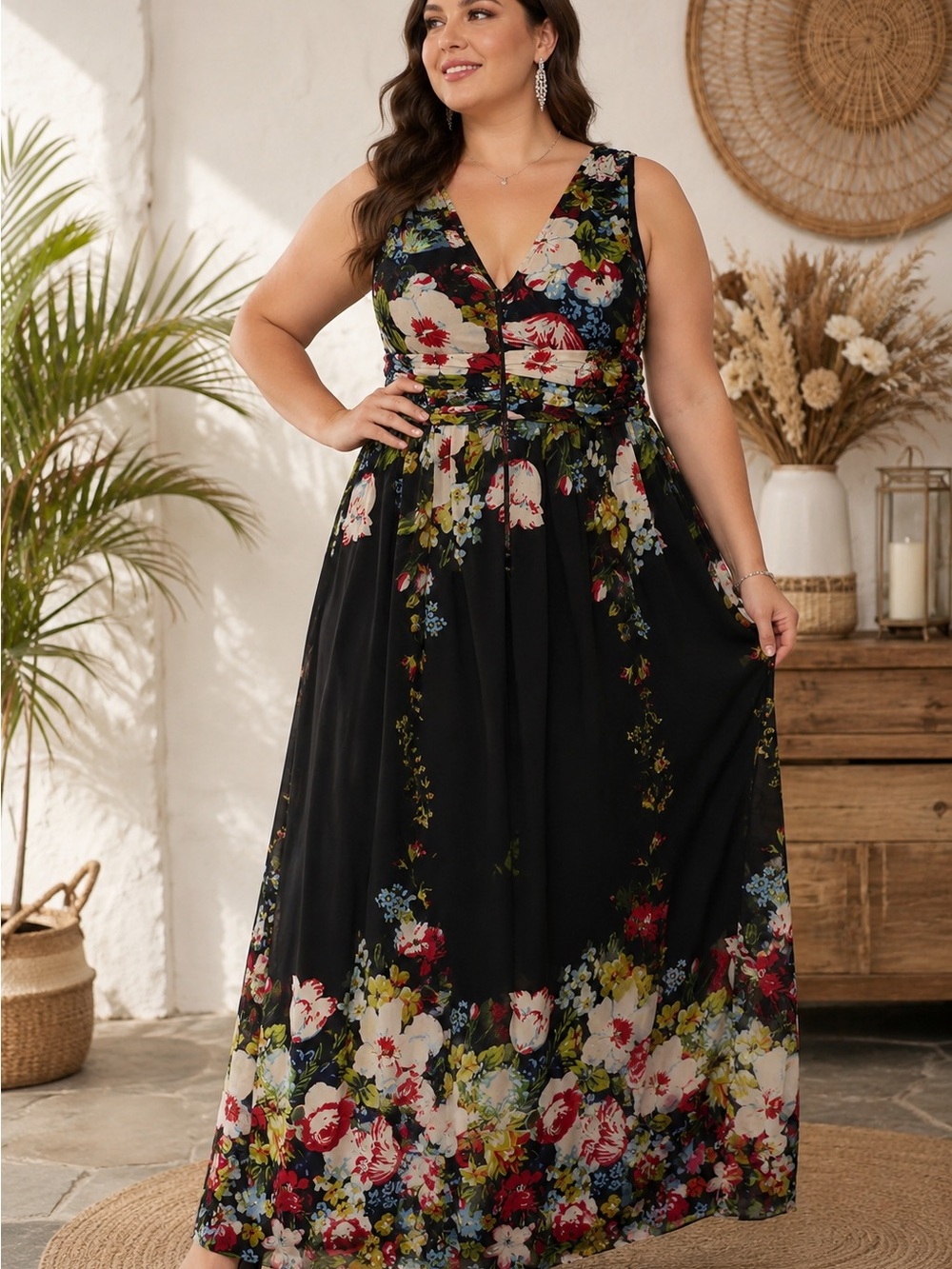 Ever Pretty Black Floral V-Neck Maxi Dress with Multicolor Blooms Cottagecore